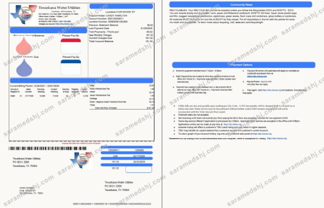 USA Texarkana water utilities utility bill template in Word and PDF formats, 2 pages